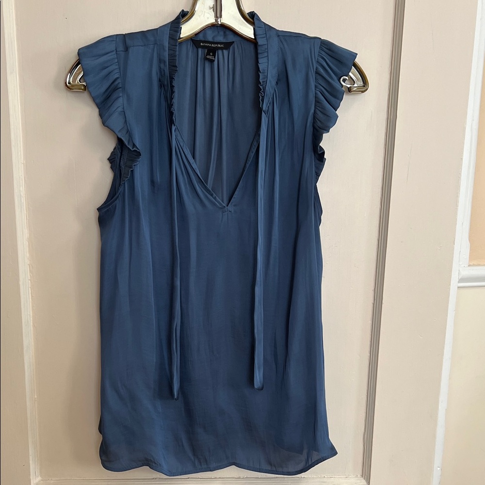 Banana Republic Slate Blue Tie-Neck Ruffle Sleeve Blouse